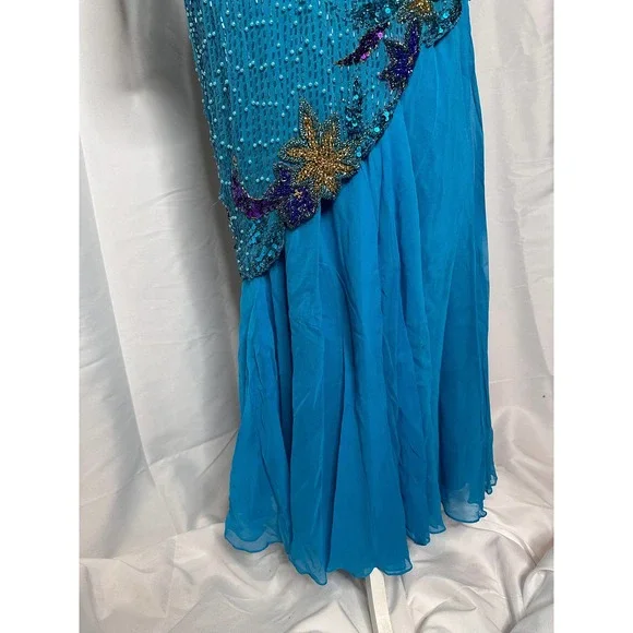 Vintage‎ Alyce Designs 100% Silk Beaded Floor Length Dress 1980s Blue Teal Sz 10